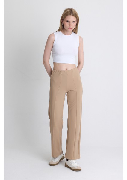 Bej Yüksek Bel Dikiş Detaylı Tayt Pantolon 1002 modelleri