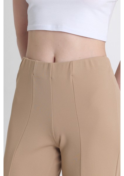 Bej Yüksek Bel Dikiş Detaylı Tayt Pantolon 1002 fırsatları