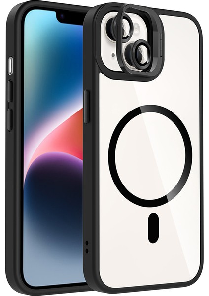 iPhone 14 Kılıf Standlı ve Kamera Lens Hediyeli M-Safe Şarj Özellikli Hlp Etro Kapak - Siyah