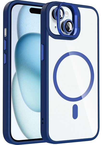 iPhone 15 Kılıf Standlı ve Kamera Lens Hediyeli M-Safe Şarj Özellikli Hlp Etro Kapak - Lacivert