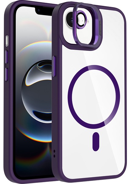 iPhone 16E Kılıf Standlı ve Kamera Lens Hediyeli M-Safe Şarj Özellikli Hlp Etro Kapak - Derin Mor