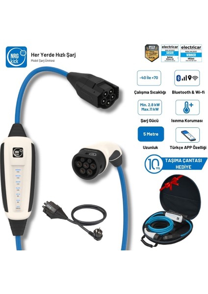 Çantalı Başlangıç Set 16A 11KW 5 Metre Ac Mobil Elektrikli Araç Şarj Istasyonu Ev Prizli (Wallbox)
