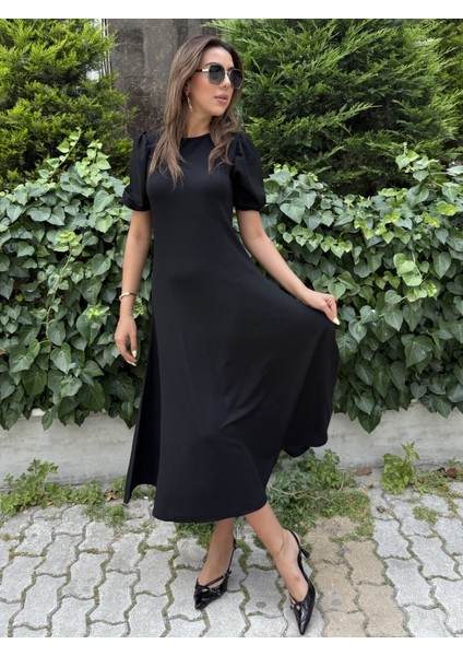 Kadın Kısa Balon Kollu Bisiklet Yaka Geniş Kesim Janjan Krep Elbise