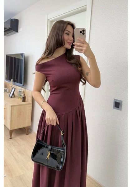 Asimetrik Düşük Yaka Kolsuz Uzun Elbise - Bordo fiyatları