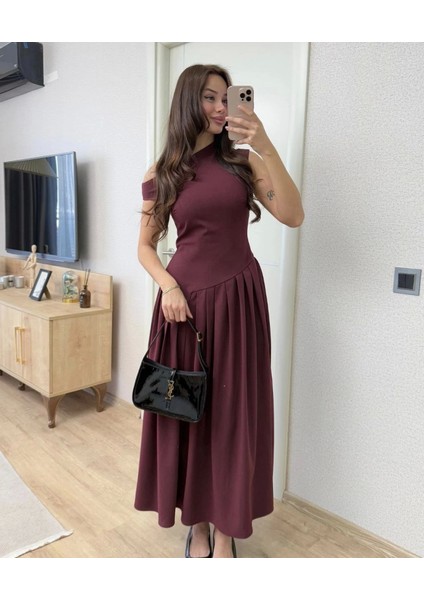 Asimetrik Düşük Yaka Kolsuz Uzun Elbise - Bordo modelleri