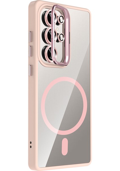 Galaxy S25 Ultra Kılıf Standlı ve Kamera Lens Hediyeli M-Safe Şarj Özellikli Klfs Etro Kapak - Pembe
