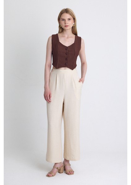 Bej Yüksek Bel Ön Pile Detaylı Pamuklu Bol Paça Pantolon 8014A