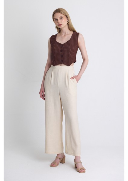 Bej Yüksek Bel Ön Pile Detaylı Pamuklu Bol Paça Pantolon 8014A fiyatları