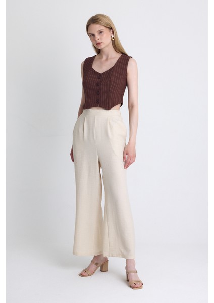 Bej Yüksek Bel Ön Pile Detaylı Pamuklu Bol Paça Pantolon 8014A modelleri