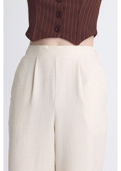 Bej Yüksek Bel Ön Pile Detaylı Pamuklu Bol Paça Pantolon 8014A fırsatları