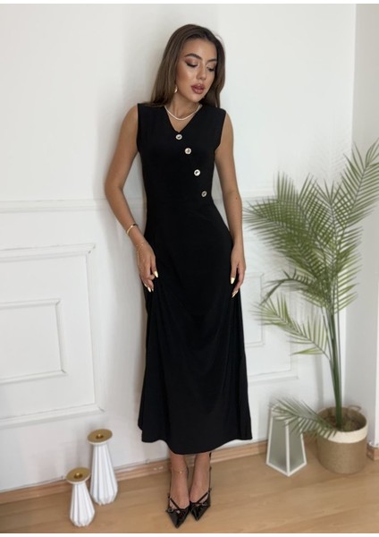 Kadın Düğme Detay Kolsuz Maxi Boy Elbise fiyatları