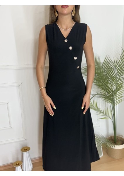 Kadın Düğme Detay Kolsuz Maxi Boy Elbise modelleri