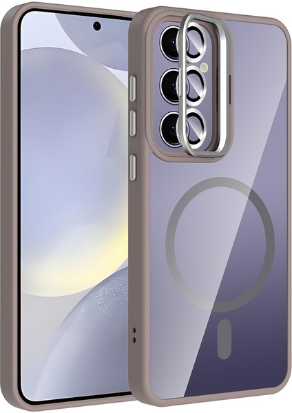 Galaxy S25 Plus Kılıf Standlı ve Kamera Lens Hediyeli M-Safe Şarj Özellikli Klfs Etro Kapak - Gri