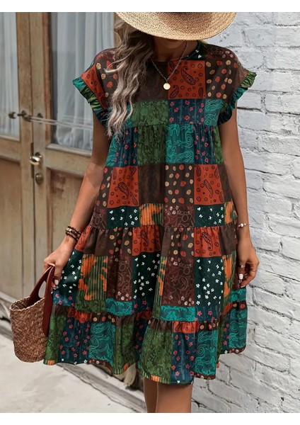 Kadın Kısa Kollu Kolları Fırfırlı Bisiklet Yakalı Kare Desenli Elbise fiyatları