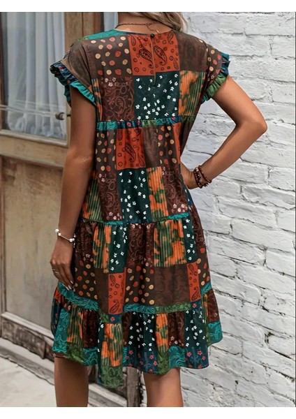 Kadın Kısa Kollu Kolları Fırfırlı Bisiklet Yakalı Kare Desenli Elbise modelleri