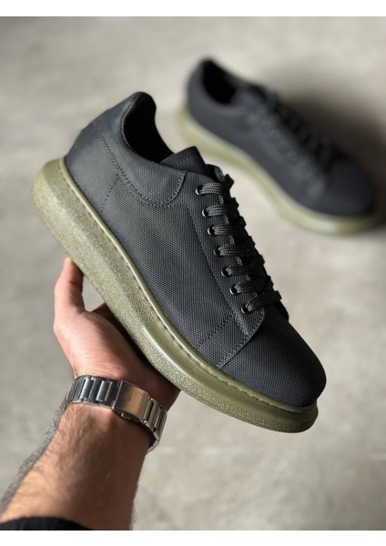 J041 Bağcıklı Ortopedik Taban Erkek Günlük Tırtıklı Cilt Sneaker Spor Ayakkabı Ht Siyah