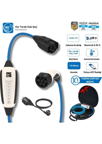 Çantalı Başlangıç Set 16A 11KW 7.5 Metre Ac Mobil Elektrikli Araç Şarj Istasyonu Ev Prizli (Wallbox)