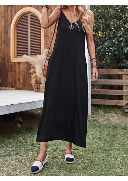 Kadın Ip Askılı Derin Geniş V Yakalı Uzun Viskon Elbise modelleri