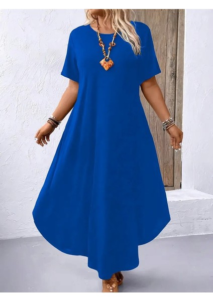 Kadın Kısa Kollu Bisiklet Yaka Cepli Salaş Viskon Elbise