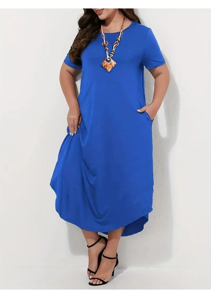 Kadın Kısa Kollu Bisiklet Yaka Cepli Salaş Viskon Elbise modelleri