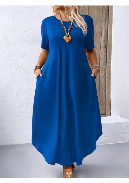 Kadın Kısa Kollu Bisiklet Yaka Cepli Salaş Viskon Elbise fırsatları