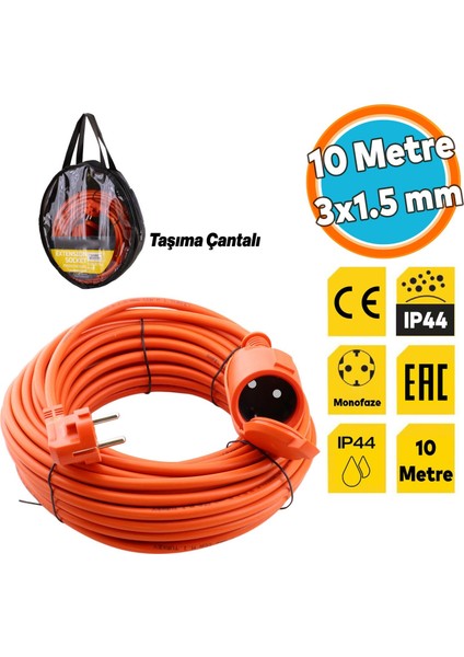 Uzatma Kablosu 3x1.5 mm Cca 10 Metre Kablolu Tekli Grup Fiş Priz Topraklı Kapaklı Monofaze Ev Tipi