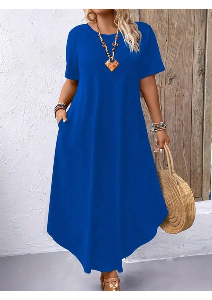 Kadın Kısa Kollu Bisiklet Yaka Cepli Salaş Viskon Elbise indirimleri