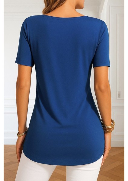 Kadın Kısa Kollu Yuvarlak Yaka Yandan Düğmeli Viskon Bluz fiyatları