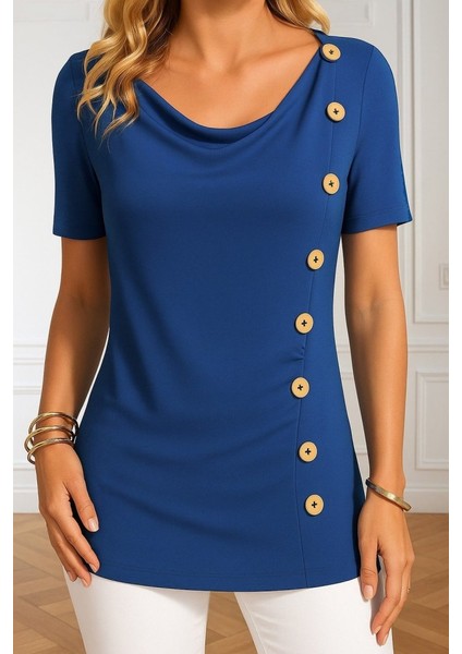 Kadın Kısa Kollu Yuvarlak Yaka Yandan Düğmeli Viskon Bluz modelleri