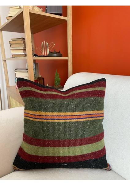 40X40 cm Harika Kırmızı Yeşil Çizgili Desen El Dokuma Antik Retro Kırlent Kılıf