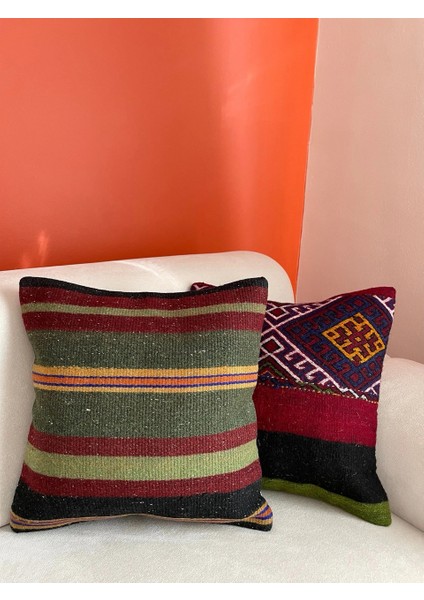 40X40 cm Harika Kırmızı Yeşil Çizgili Desen El Dokuma Antik Retro Kırlent Kılıf modelleri