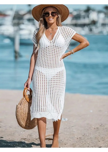 Kadın Sıfır Kol V Yaka Yanı Derin Yırtmaçlı Midi Boy Triko Elbise modelleri