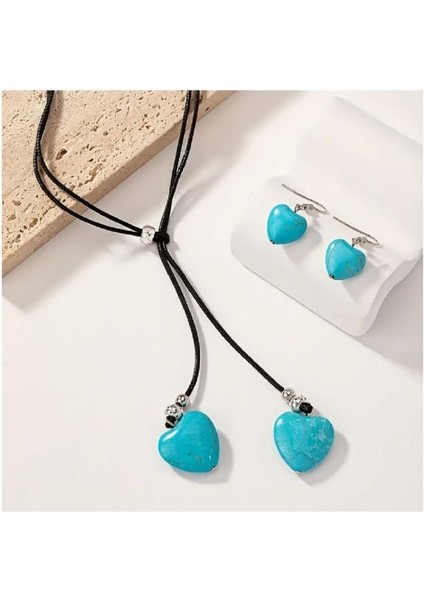 1 Set Turquoıse Heart Takı Turkuaz Renk Küpe & Kolye Seti