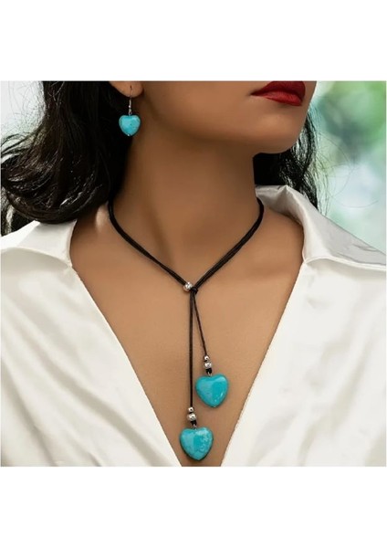 1 Set Turquoıse Heart Takı Turkuaz Renk Küpe & Kolye Seti fiyatları