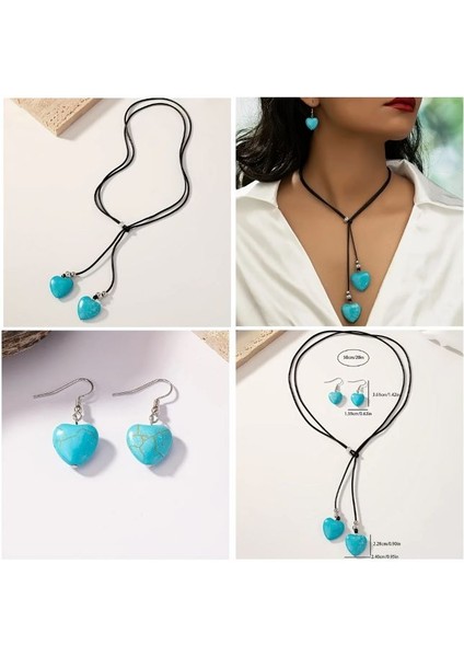 1 Set Turquoıse Heart Takı Turkuaz Renk Küpe & Kolye Seti modelleri