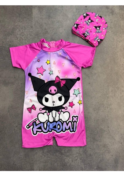 Kız Çocuk Kuromi Baskı Tulum Mayo Bone Takım