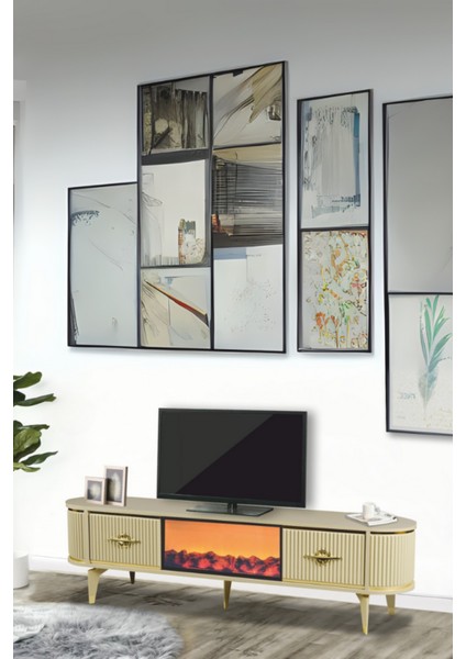 Maya Şömineli Tv Sehpası Cappuccino Gold Mebran Kapaklı 2 Kapaklı Yapay Alev Efektli 180x40x50 Cm