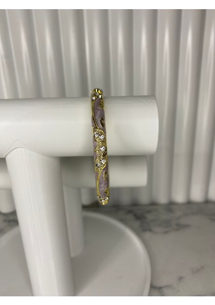 Mineli Kelepçe Bilezik Pembe Gold Lale Desen