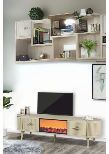 Maya Şömineli Tv Sehpası Cappuccino Gümüş Mebran Kapaklı 2 Kapaklı 180x40x50 Cm