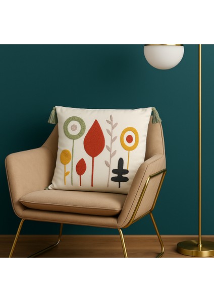 Comfort Punch Desenli Kırlent Kılıfı Kare Dekoratif Bohem Nakışlı Koltuk Yastık Kılıfı Panç 45X45