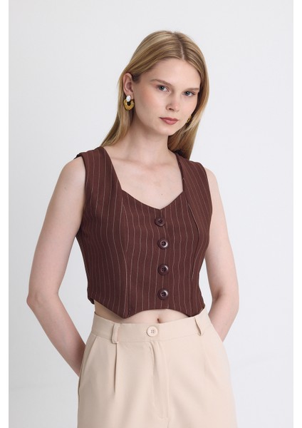 Kahve Çizgili V Yaka Pens Detaylı Düğmeli Crop Yelek 4288A