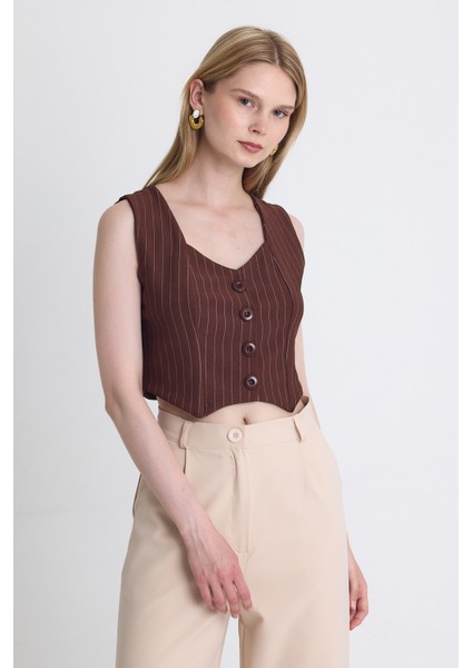 Kahve Çizgili V Yaka Pens Detaylı Düğmeli Crop Yelek 4288A fiyatları