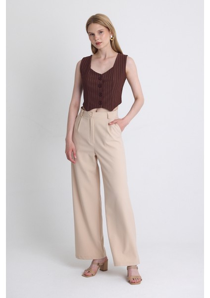 Kahve Çizgili V Yaka Pens Detaylı Düğmeli Crop Yelek 4288A modelleri