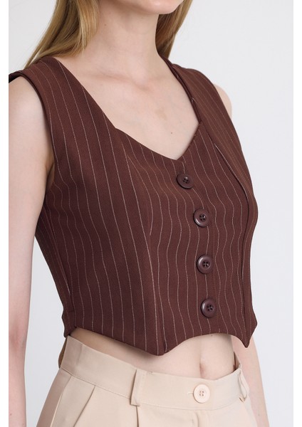 Kahve Çizgili V Yaka Pens Detaylı Düğmeli Crop Yelek 4288A fırsatları