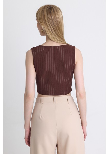 Kahve Çizgili V Yaka Pens Detaylı Düğmeli Crop Yelek 4288A indirimleri