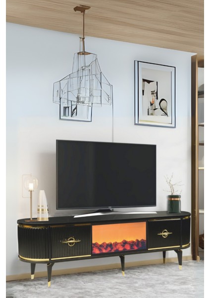 Maya Şömineli Tv Sehpası Siyah Gold 2 Kapaklı 1 Şömineli Oval Tasarım 180x40x50 Cm