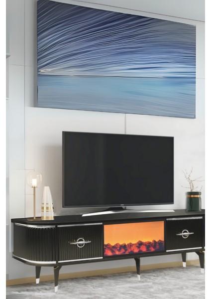 Maya Şömineli Tv Sehpası Siyah Gümüş Şeritli Mebran Kapaklı Oval Tasarım 180x40x50 Cm