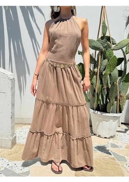 Keten Boyundan Bağlamal Sırtı Açık Maxi Bot Elbise fiyatları