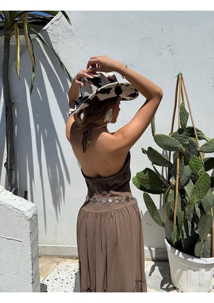 Keten Boyundan Bağlamal Sırtı Açık Maxi Bot Elbise fırsatları