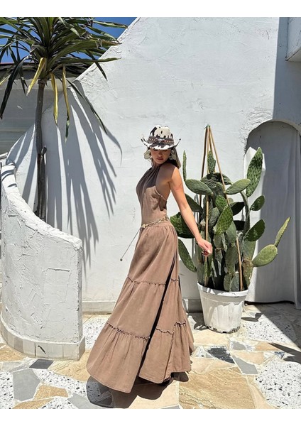 Keten Boyundan Bağlamal Sırtı Açık Maxi Bot Elbise indirimleri